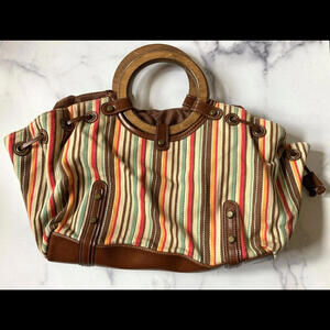 Woven Rattan Leather Striped Vintage Wooden Top Handle Hobo Bag